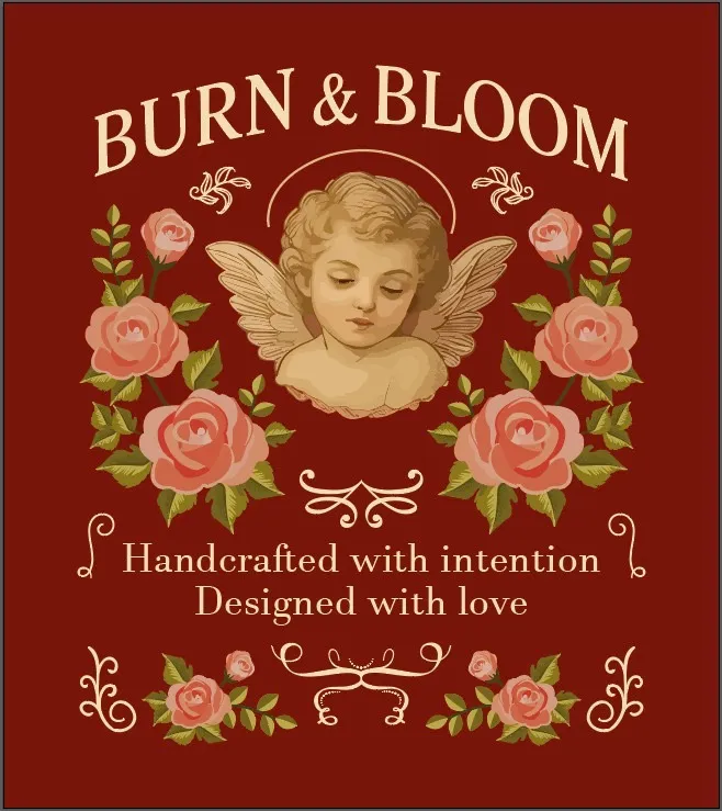 The Burn & Bloom label: a haloed cherub among roses